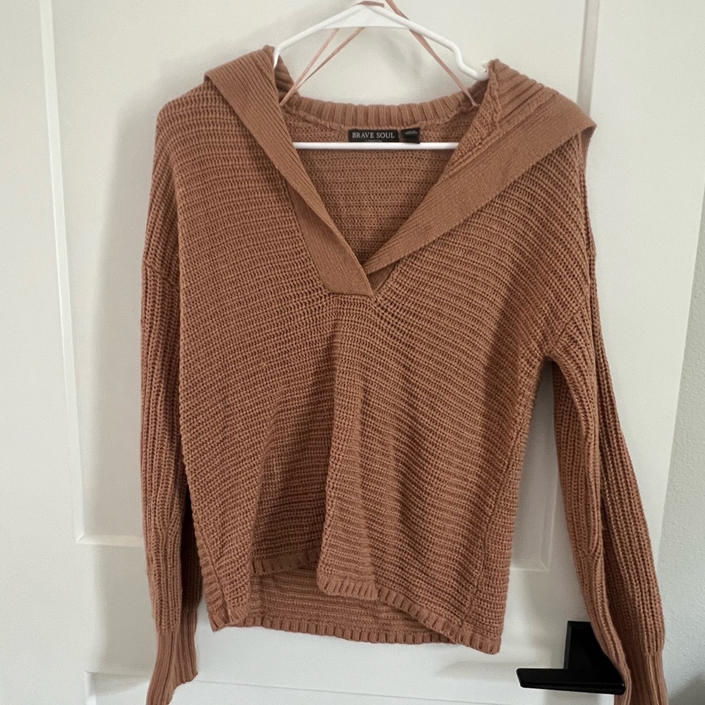 Brave Soul Tan V-Neck Sweater Ribbed Knit